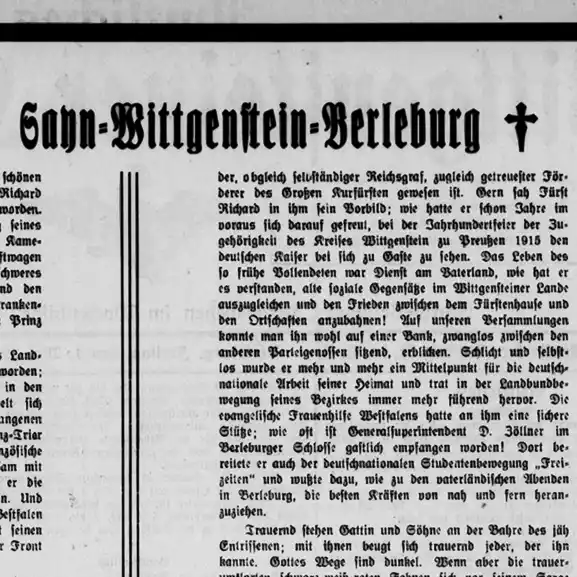 Ausschnitt eines Scans eines zweispaltigen durch drei senkrechte schwarze Linien unterteilten Zeitungsartikels in Frakturschrift. Man kann die Überschrift lesen: Sayn-Wittgenstein-Berleburg †