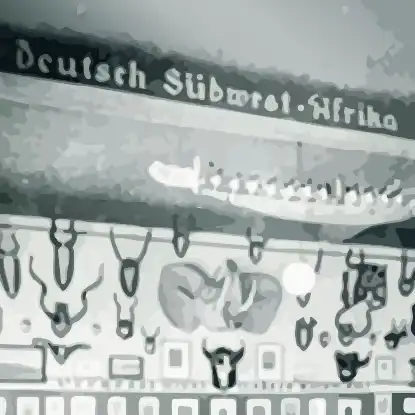 Stilisierter Ausschnitt des Kolonialsaals, an einem Balken an der Decke steht: "Deutsch-Südwest-Afrika".
