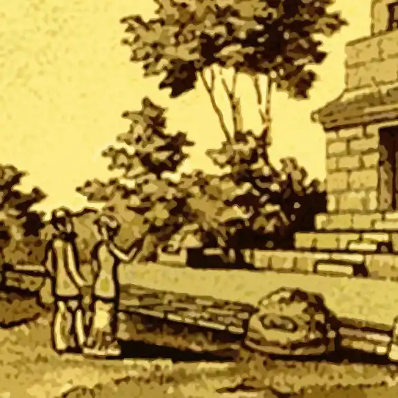 Stilisierter Ausschnitt einer Postkarte, man sieht 2 Personen und Teil eines Gebäudes. Im Hintergrund Bäume und Natur.