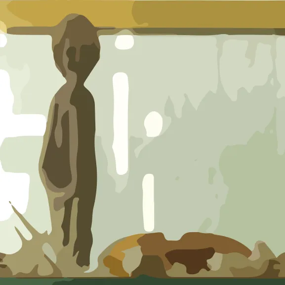 Stilisierte Grafik eines Details aus der beschriebenen Vitrine mit Muscheln und Schneckenhäusern: Eine kleine Statue.