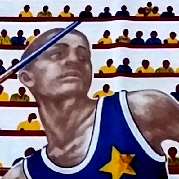 Ein Speerwerfer in Aktion, Teil des gestickten Motivs.