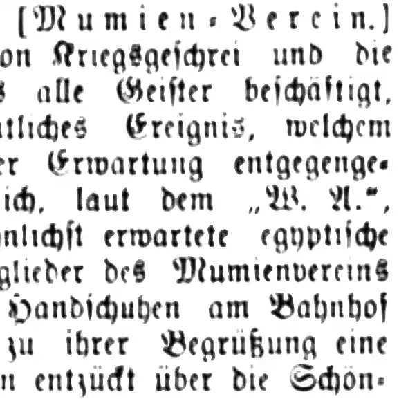 Stilisierter Auszug des Zeitungsartikels in Frakturschrift. Man erkennt ganz oben: "Mumien-Verein". Die weitere Transkription findet sich im PDF.