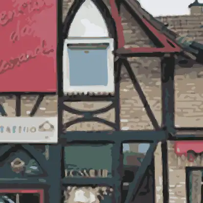 Stilisierter Ausschnitt des Hauses in Hemer, man sieht Teile der Fassade mit den unterschiedlichen Nutzungen des Hauses.