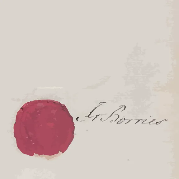 Stilisierter Ausschnitt aus dem Gesamtmotiv: Rotes Wachs-Siegel und Unterschrift