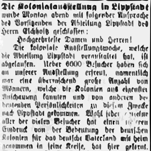 Ausschitt des Zeitungsartikels zu Kolonialausstellung in Lippstadt - stilisiert, man erkennt die Anmutung des Zeitungsartikels von 1908.