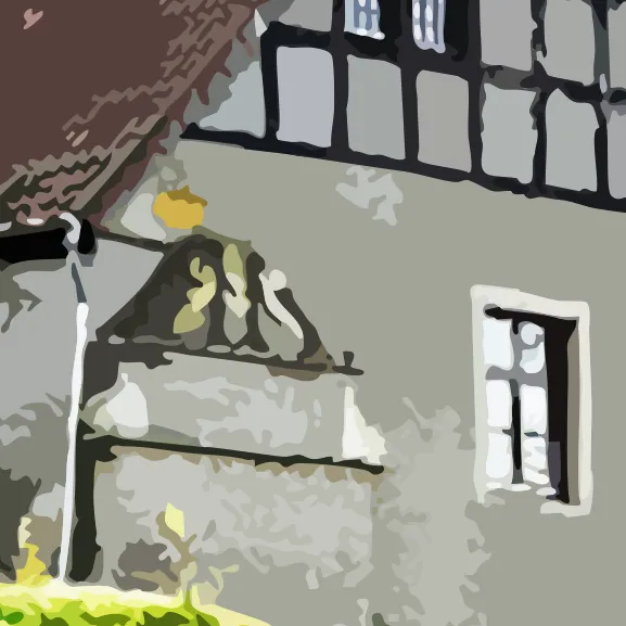 Stilisierter Ausschnitt eines schlossartigen historischen Gebäudes; man sieht etwas Dach, Fenster, Fachwerk, ein Schmuckornament und etwas Begrünung.