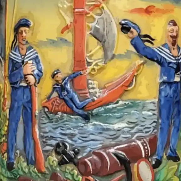 Stilisierter Ausschnitt der Bemalung des Kruges: bunte Marinemotive.