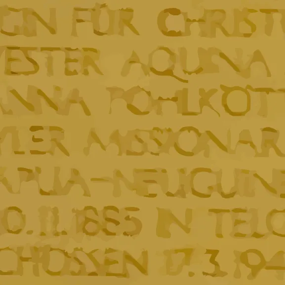 Stilisierte Abbildung der Gedenktafel für die Missionarin Schwester Aquina geb. Anna Pohlkötter. Zu lesen darauf: Zeugin für Christus Schwester Aquina SSpS Geb. Anna Pohlkötter Steyler Missionarin in Papua-Neuguinea Geb. 10.11.1885 in Telgte erschossen 17.3.1943 Auf dem Japanischen Kriegsschiff Akikaze